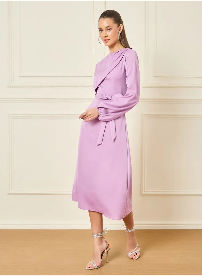 Styli Fold Pleat Detail Self Tie Up A-Line Midi Dress