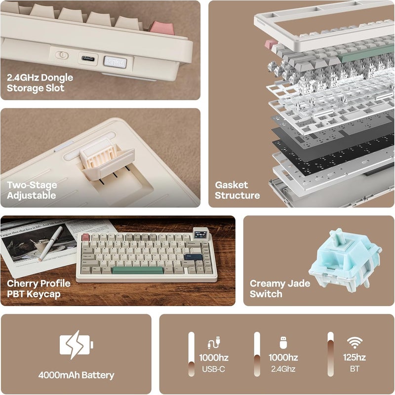 EPOMAKER RT82 Wireless Mechanical Keyboard with Screen, VIA Custom, 2.4GHz/USB-C/BT5.0, RGB Backlit, Gasket, 5-Paddings, PBT Keycaps, Hot-Swap Gaming Keyboard (Creamy Jade) - Image 2