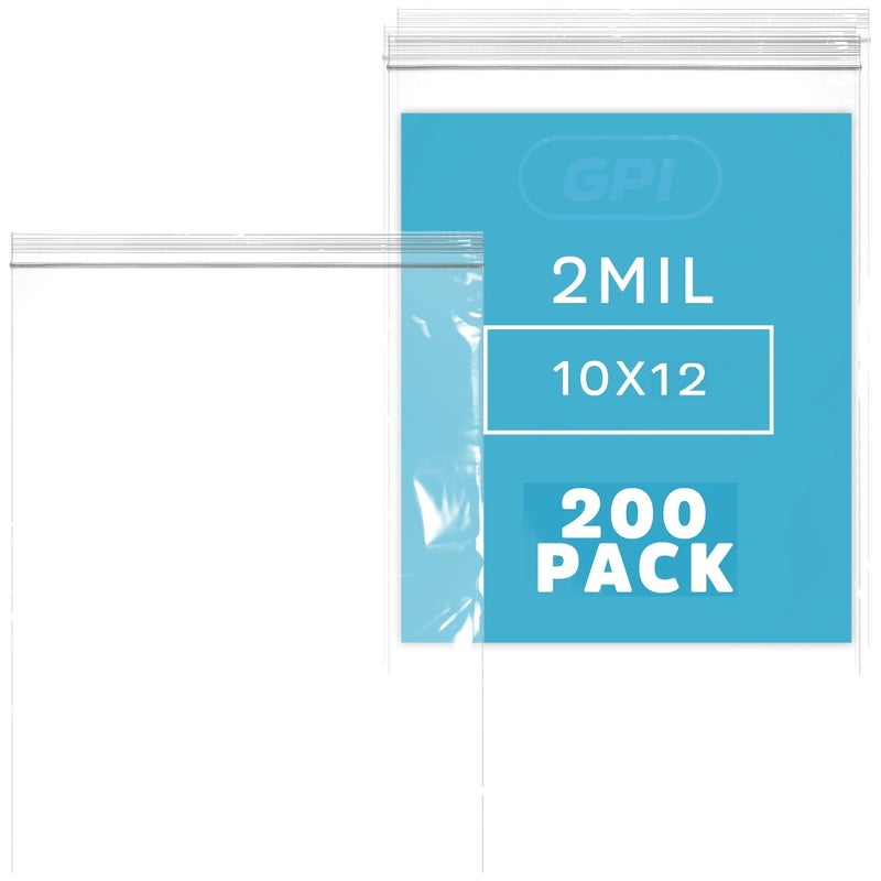 GPI Pack of 200 10 X 12 1 Gallon Clear Plastic Reclosable Zip Bags  Bulk 2 Mil Thick Strong  Durable Poly Baggies with Resealable Zip Top Lock for Travel Storage Packaging  Shipping