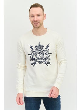 Men Crew Neck Printed Sweatshirts, Cream