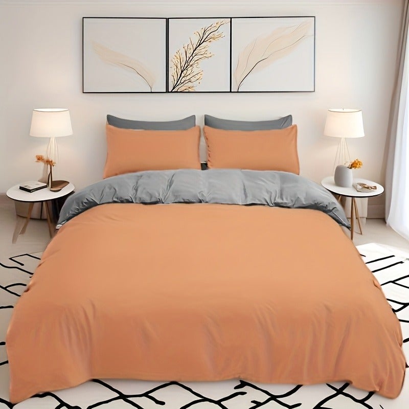 5pcs Dual-Style Solid Color Duvet Cover and Pillowcase Set, Brushed Fabric Skin-Friendly All-Season Breathable Comfortable Minimalist Duvet Cover and Pillowcase Set, Includes One Duvet Cover and Four Pillowcases - Image 1
