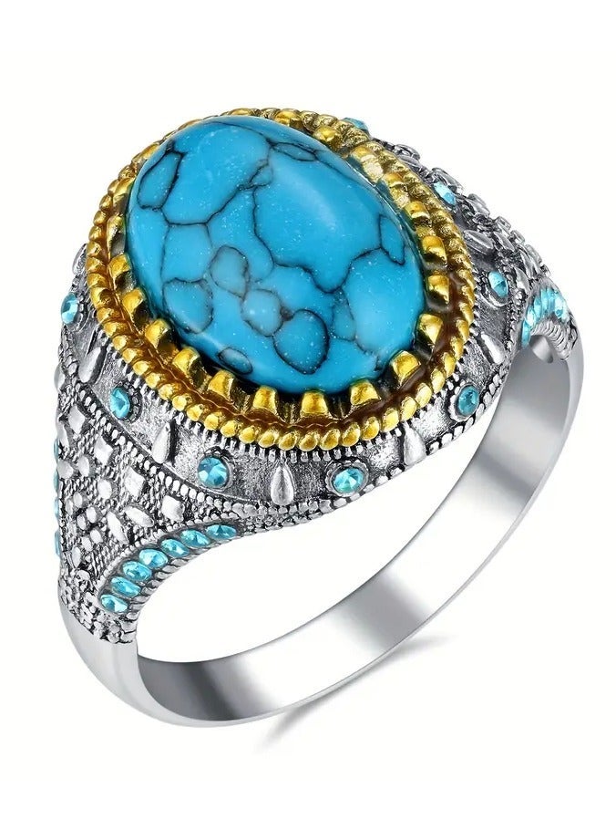 Goolsky Vintage Two-Tone Oval Turquoise Men Ring Inlaid Blue Gemstone Retro Ethnic Style Finger Jewelry Daily Party Accessory - Image 2
