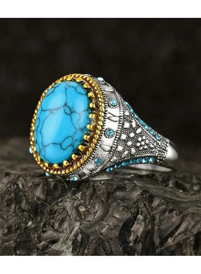 Goolsky Vintage Two-Tone Oval Turquoise Men Ring Inlaid Blue Gemstone Retro Ethnic Style Finger Jewelry Daily Party Accessory - Image 3