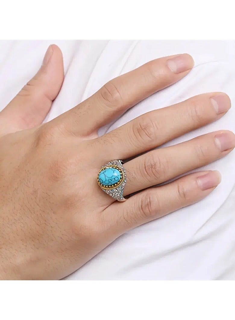 Goolsky Vintage Two-Tone Oval Turquoise Men Ring Inlaid Blue Gemstone Retro Ethnic Style Finger Jewelry Daily Party Accessory - Image 4
