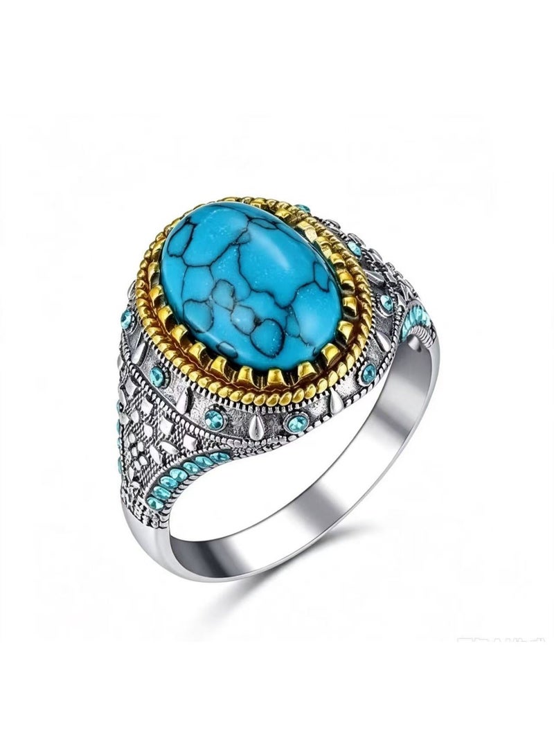Goolsky Vintage Two-Tone Oval Turquoise Men Ring Inlaid Blue Gemstone Retro Ethnic Style Finger Jewelry Daily Party Accessory - Image 1