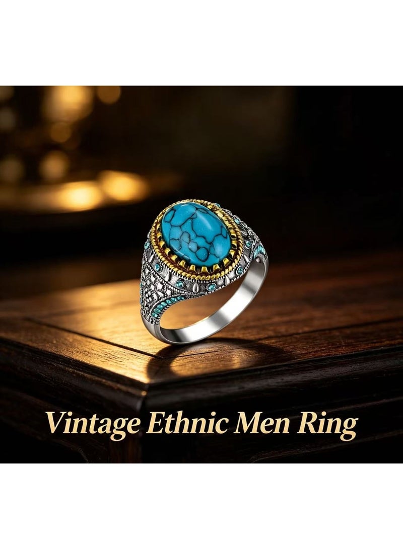 Goolsky Vintage Two-Tone Oval Turquoise Men Ring Inlaid Blue Gemstone Retro Ethnic Style Finger Jewelry Daily Party Accessory - Image 5