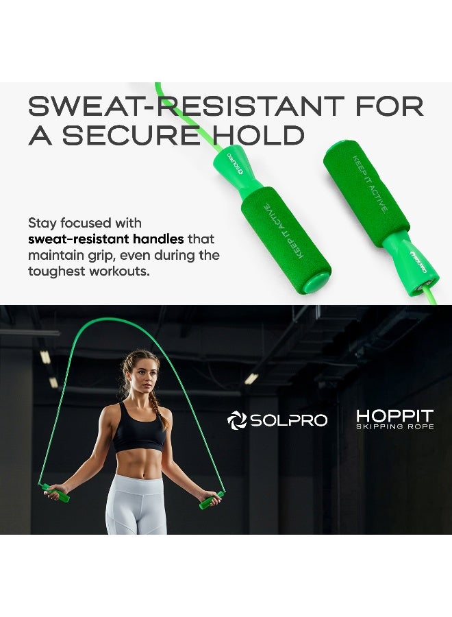 SOLPRO SF071 Jump Rope for Men, Women & Kids|Adjustable Length, TangleFree, Foam Handles|SweatResistant Grip|Ideal for Cardio, Fitness, CrossFit, HIIT, Weight Loss, Home & Gym Workouts (Green) - Image 2