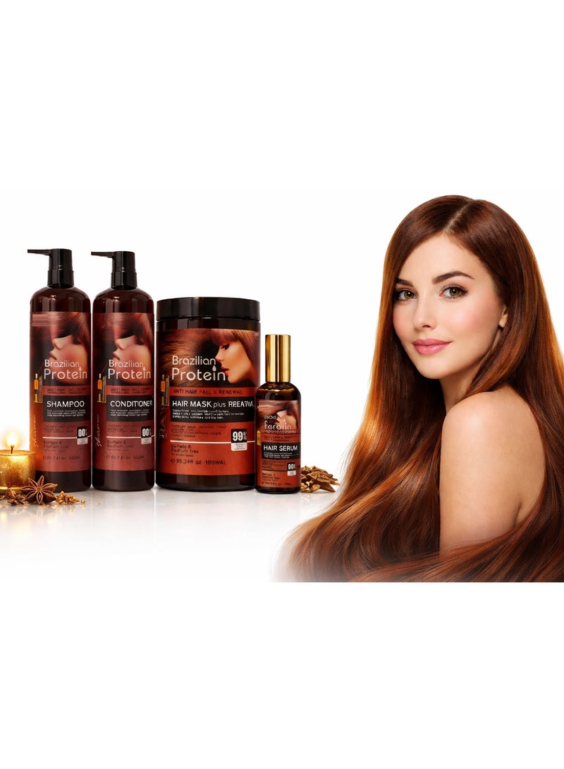 Brazilian Protein Complete Hair Care Set 4 in 1 | Anti-Hair Fall & Renewal Shampoo 900ml + Conditioner 900ml + Hair Mask 1000ml + Hair Serum 100ml | Sulfate & Sodium Free, Deep Repair, Smooth & Shiny Hair - Image 1