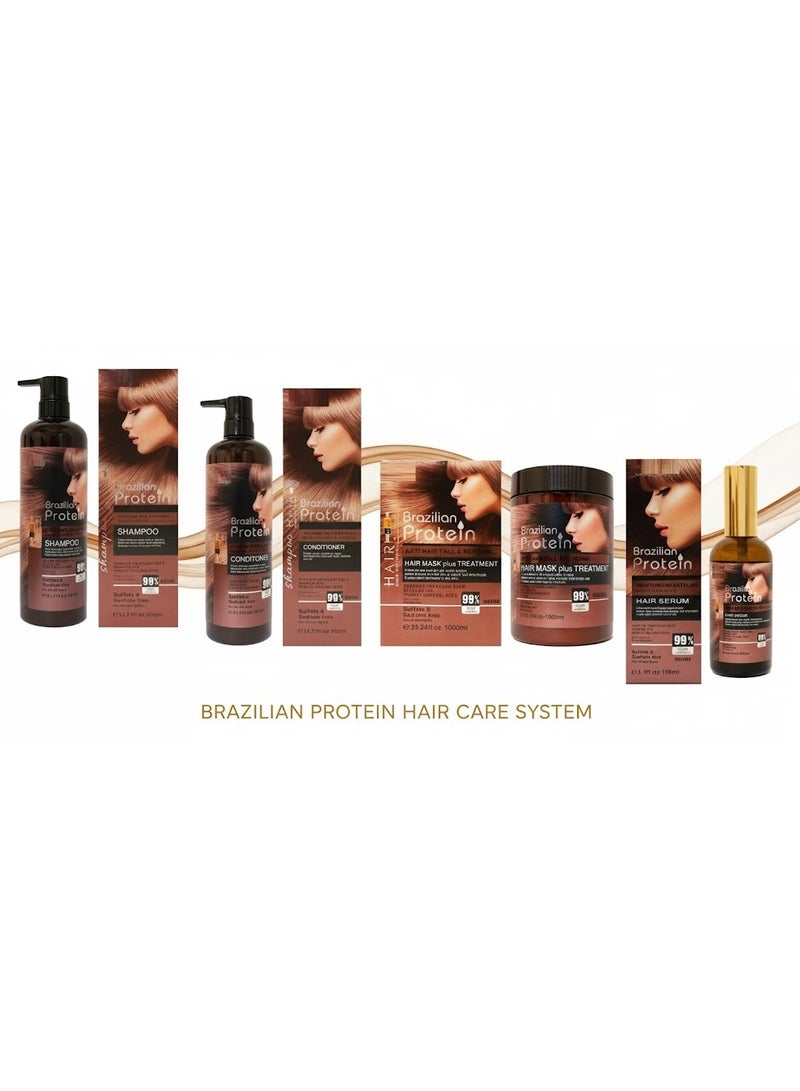 Brazilian Protein Complete Hair Care Set 4 in 1 | Anti-Hair Fall & Renewal Shampoo 900ml + Conditioner 900ml + Hair Mask 1000ml + Hair Serum 100ml | Sulfate & Sodium Free, Deep Repair, Smooth & Shiny Hair - Image 3