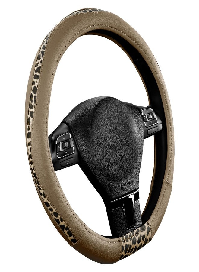 Road Comforts D-Type Steering Wheel Cover - Made with PVC Leather and Leopard Fabric - Universal Fit for 15-Inch D-Shaped Automotive Steering Wheels (Beige Color) - Image 2