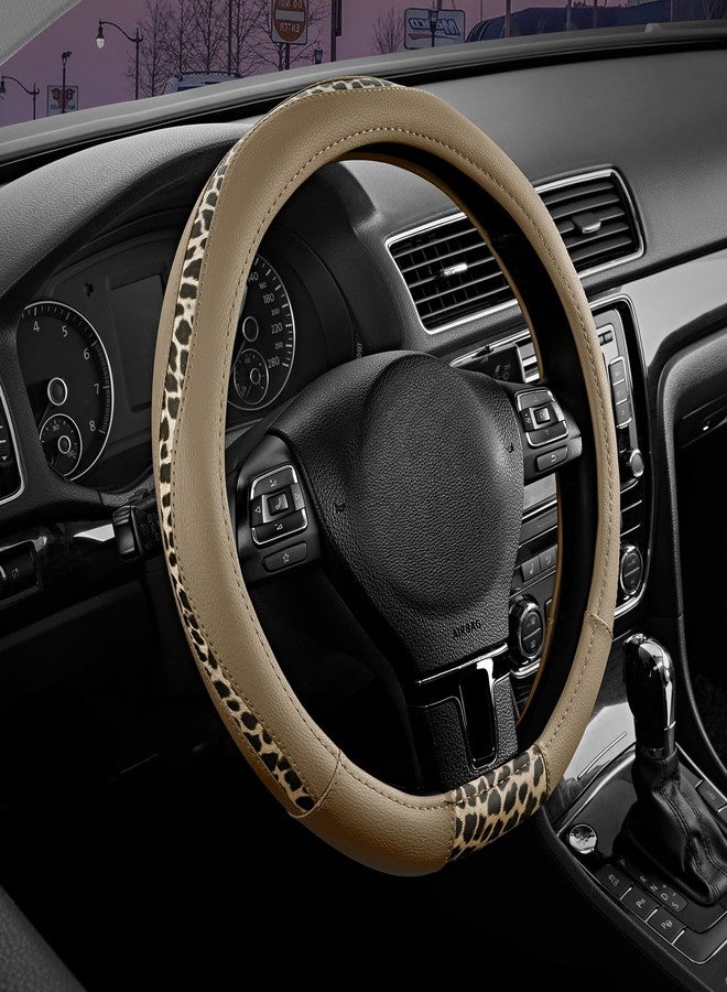 Road Comforts D-Type Steering Wheel Cover - Made with PVC Leather and Leopard Fabric - Universal Fit for 15-Inch D-Shaped Automotive Steering Wheels (Beige Color) - Image 1