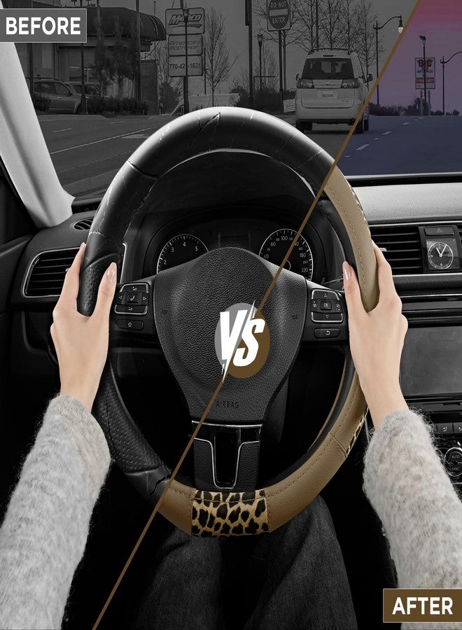 Road Comforts D-Type Steering Wheel Cover - Made with PVC Leather and Leopard Fabric - Universal Fit for 15-Inch D-Shaped Automotive Steering Wheels (Beige Color) - Image 3