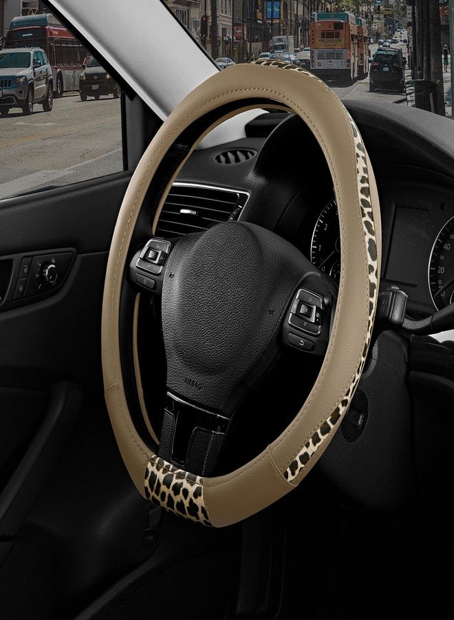 Road Comforts D-Type Steering Wheel Cover - Made with PVC Leather and Leopard Fabric - Universal Fit for 15-Inch D-Shaped Automotive Steering Wheels (Beige Color) - Image 5