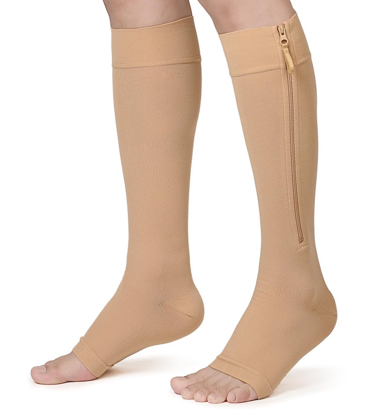 Zipper Compression Socks for Men Women Open Toe 2030mmHg Firm Support Knee High Zipper Compression Stockings for Wide Calf Varicose Veins DVT Shin Splints Edema Nursing Beige 4XL