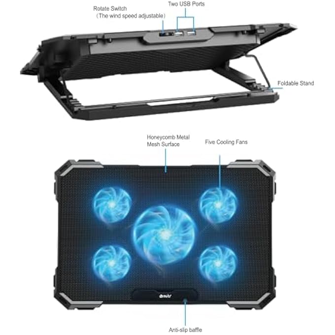 rayihni C517 GAMING LAPTOP COOLER,ERGONOMIC DESIGN WITH 5 QUIET COOLING FANS,MULTI-SPEED,ADJUSTABLE WIND SPEED FOR 17'' INCH LAPTOP AND BELOW,4 HEIGHT STAND LEVELS,2 USB PORTS,GTIN:6295151550045 - Image 3