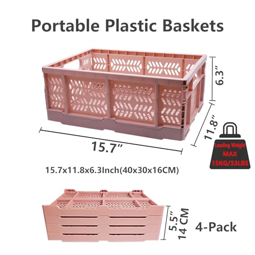 PTEREIW 20L Foldable Crates 4Pack Plastic Baskets for Home and OfficePlastic Folding basketsCollapsible Crates for Chrismas Gifts Toys Storage Light Pink157x118x63Inc - Image 3