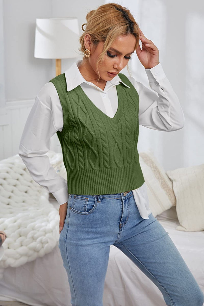 Aoysky Sweater Vest Women's V-Neck Sweater Tank Tops Pullover Cable Knit Vest Solid Color Sleeveless Loose Fit Sweater Top - Image 3