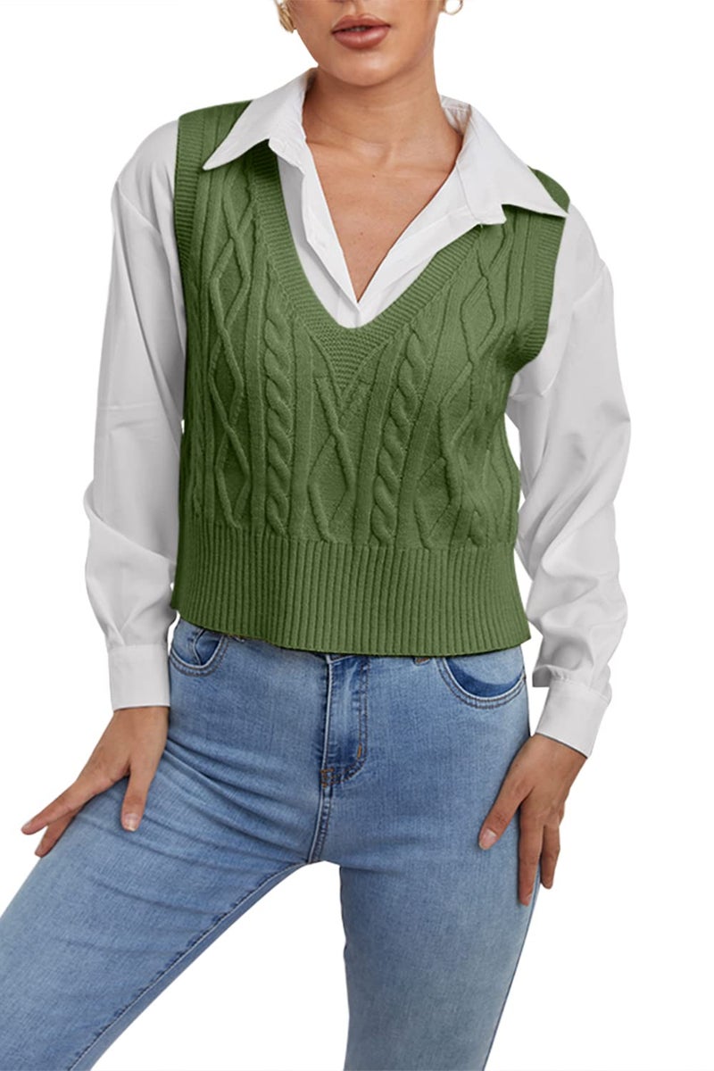 Aoysky Sweater Vest Women's V-Neck Sweater Tank Tops Pullover Cable Knit Vest Solid Color Sleeveless Loose Fit Sweater Top - Image 2
