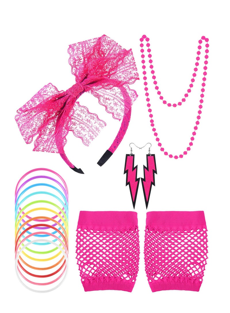 80s Fancy Dress Costume Accessories Lace Headband Earrings Fishnet Gloves Necklace Bracelet for Retro Party, Pink  - Image 1