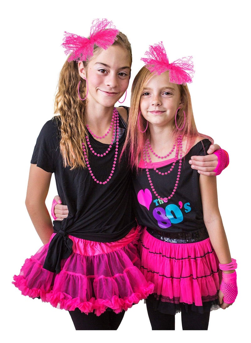 80s Fancy Dress Costume Accessories Lace Headband Earrings Fishnet Gloves Necklace Bracelet for Retro Party, Pink  - Image 2