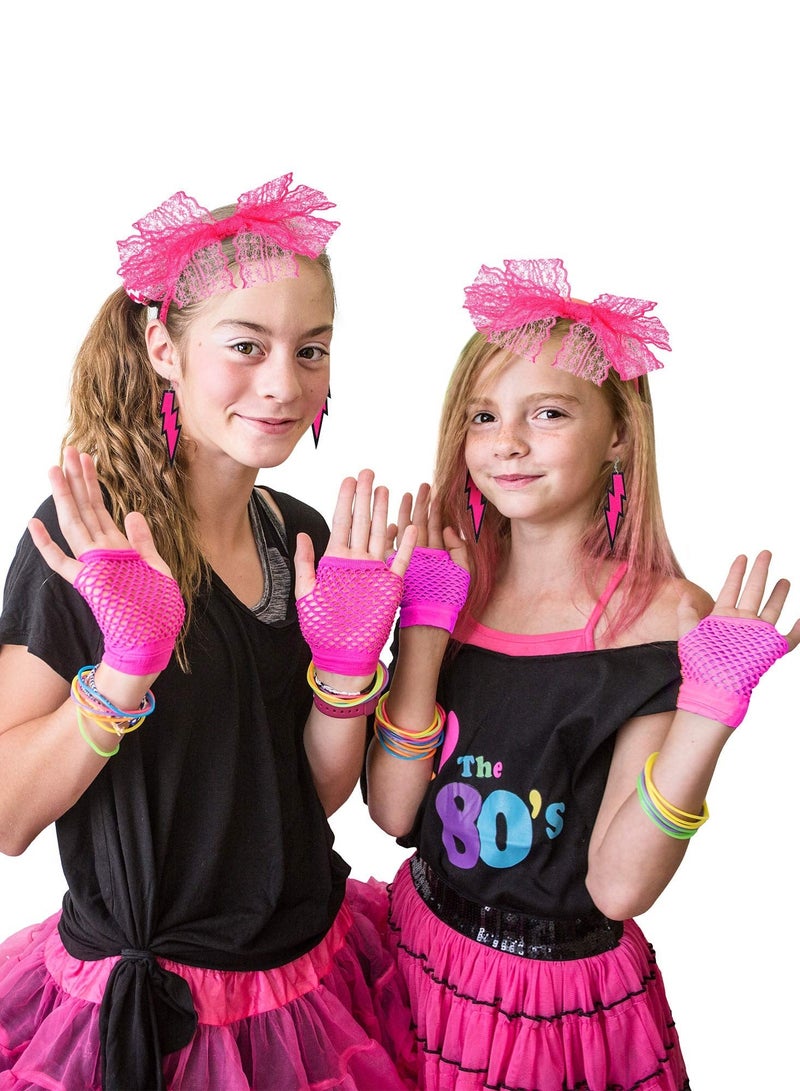 80s Fancy Dress Costume Accessories Lace Headband Earrings Fishnet Gloves Necklace Bracelet for Retro Party, Pink  - Image 5