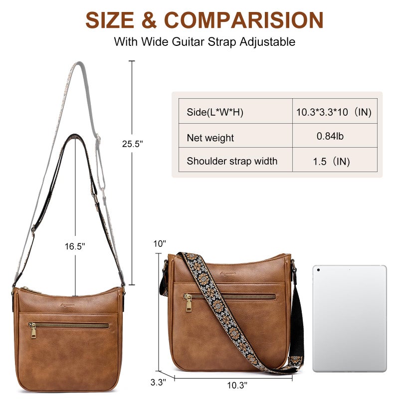 bagswan Crossbody Bags for Women Purses: Vegan Leather Cross Body Hobo Purse with Adjustable Guitar Wide Strap Trendy Womens Shoulder Hand Bag Small Women's Handbags with 4 Zip Pockets (Brown) - Image 5