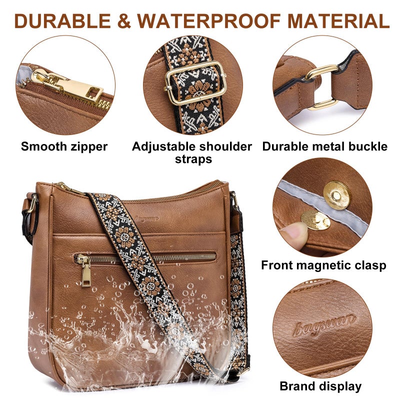 bagswan Crossbody Bags for Women Purses: Vegan Leather Cross Body Hobo Purse with Adjustable Guitar Wide Strap Trendy Womens Shoulder Hand Bag Small Women's Handbags with 4 Zip Pockets (Brown) - Image 3