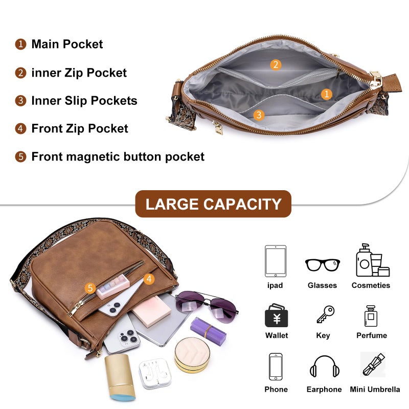 bagswan Crossbody Bags for Women Purses: Vegan Leather Cross Body Hobo Purse with Adjustable Guitar Wide Strap Trendy Womens Shoulder Hand Bag Small Women's Handbags with 4 Zip Pockets (Brown) - Image 4