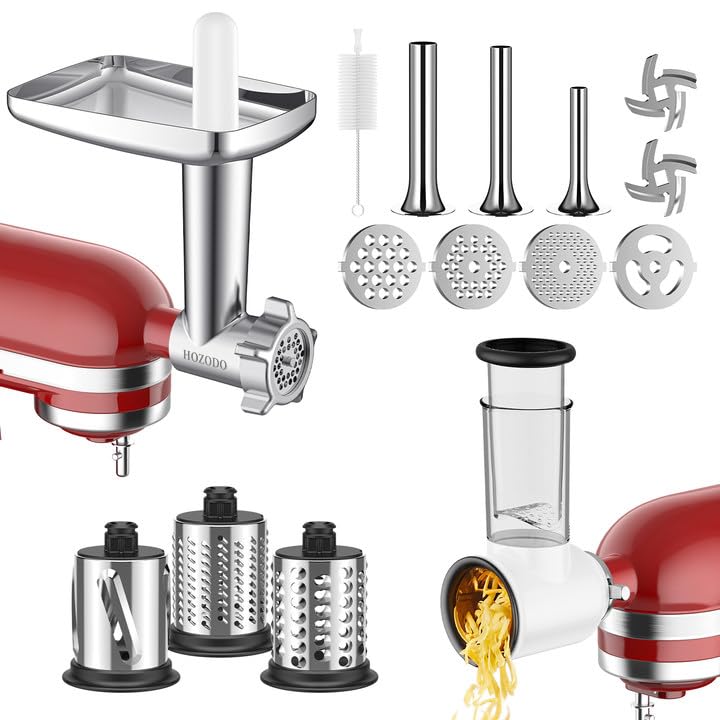 Meat Grinder  Slicer Shredder Attachments for KitchenAid Stand Mixer Metal Meat Grinder with Sausage Stuffer Tubes Cheese Grater 2 Pcs Attachment Set for KitchenAid Mixers