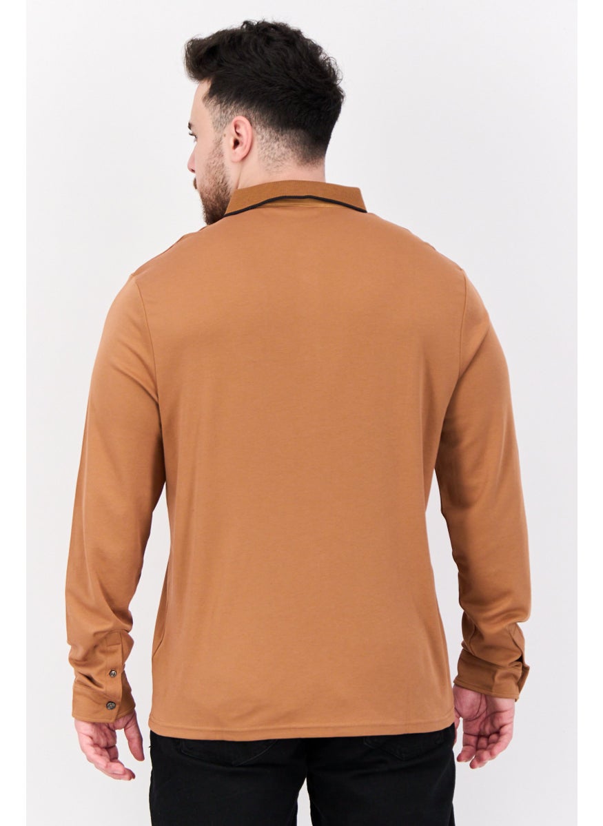 Jules Men Regular Fit Solid Full Sleeves Polo Shirt, Brown  - Image 3