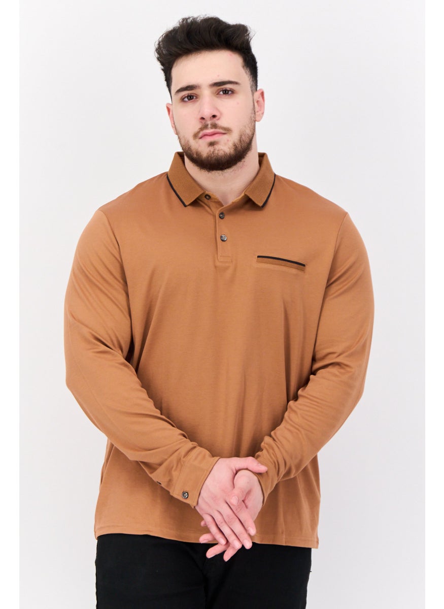 Jules Men Regular Fit Solid Full Sleeves Polo Shirt, Brown  - Image 1