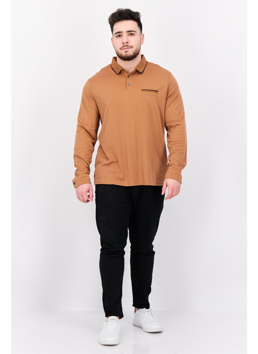 Jules Men Regular Fit Solid Full Sleeves Polo Shirt, Brown  - Image 4