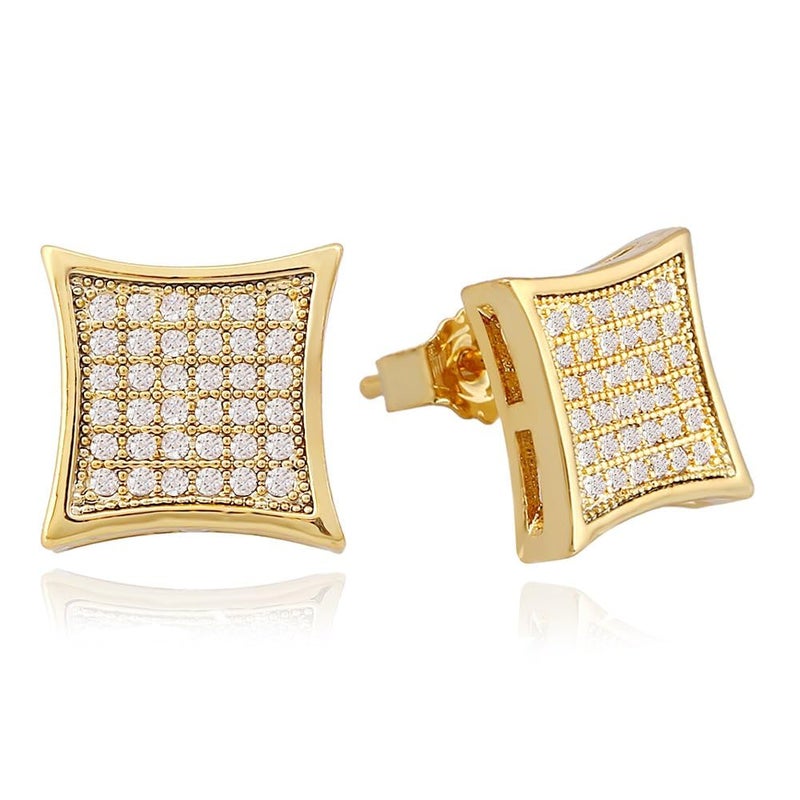 LuReen Silver Gold 11mm Square CZ Stud Earrings for Men Women