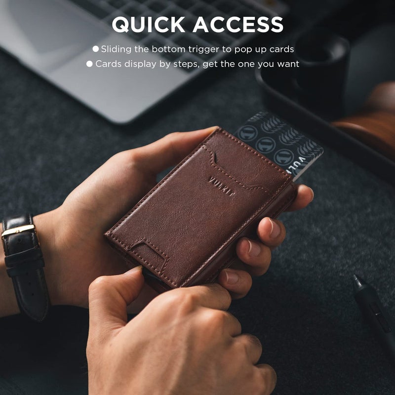 VULKIT محفظة فالكيت مع مشبك نقود وحامل بطاقات منبثق حماية RFID محفظة جلدية للرجال 2 في 1 لحامل بطاقات الأعمال لـ 7 بطاقات و 15 ورقة نقدية - Image 3