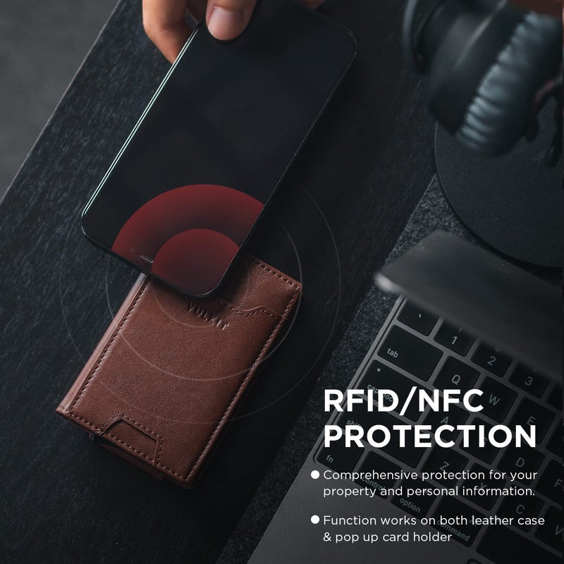 VULKIT محفظة فالكيت مع مشبك نقود وحامل بطاقات منبثق حماية RFID محفظة جلدية للرجال 2 في 1 لحامل بطاقات الأعمال لـ 7 بطاقات و 15 ورقة نقدية - Image 4