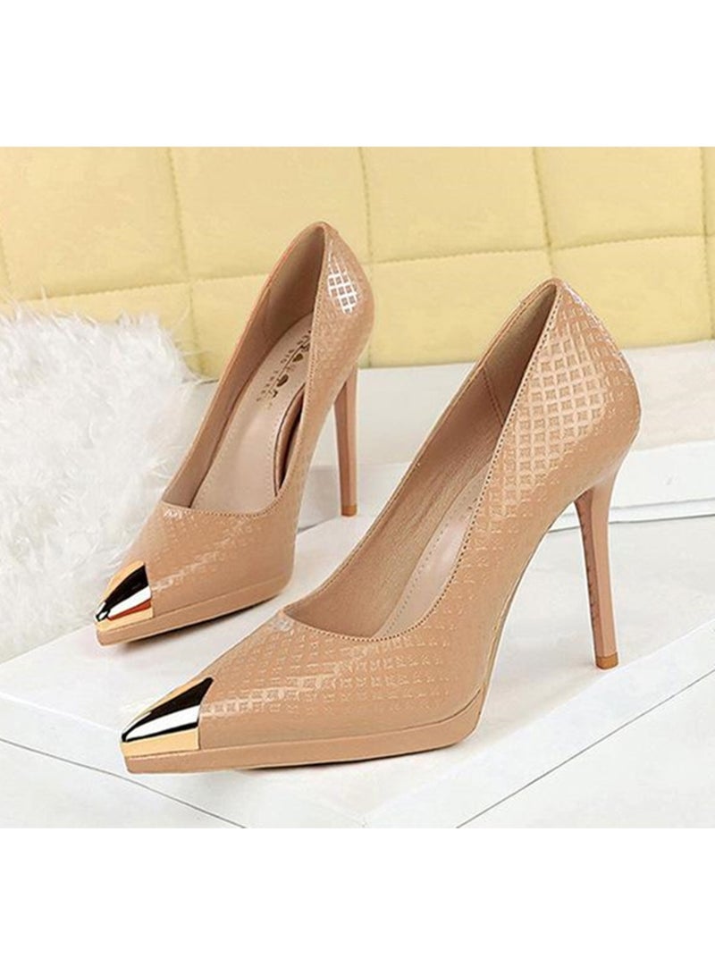 بيج تري المرأة المعدنية مغلقة أشارت إصبع القدم الكعب العالي مضخات الحزب فستان الأحذية لون عاري 11.5CM - Image 1