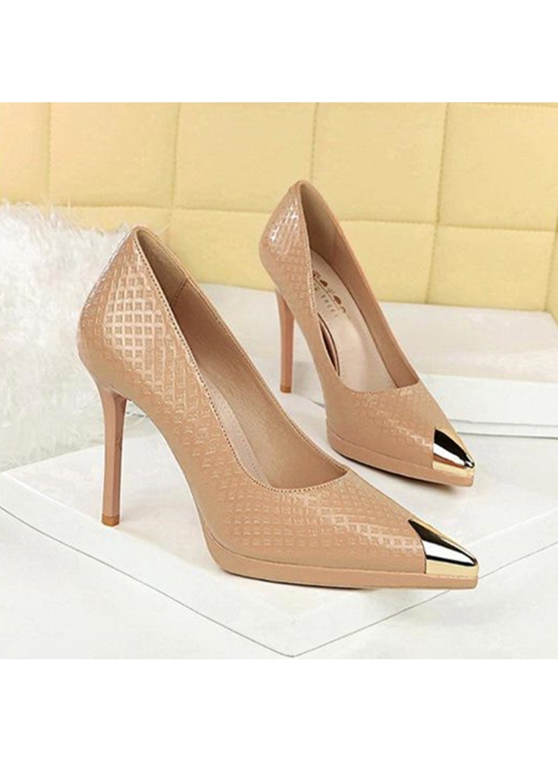 بيج تري المرأة المعدنية مغلقة أشارت إصبع القدم الكعب العالي مضخات الحزب فستان الأحذية لون عاري 11.5CM - Image 2