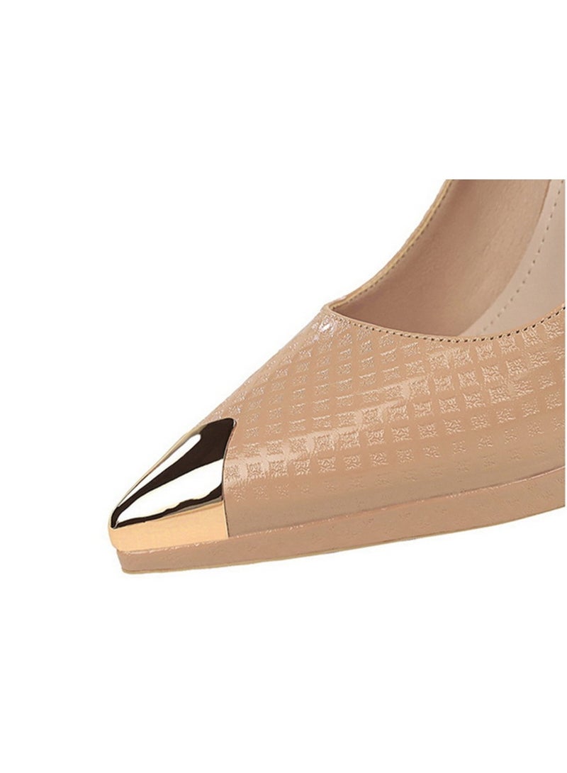 بيج تري المرأة المعدنية مغلقة أشارت إصبع القدم الكعب العالي مضخات الحزب فستان الأحذية لون عاري 11.5CM - Image 3