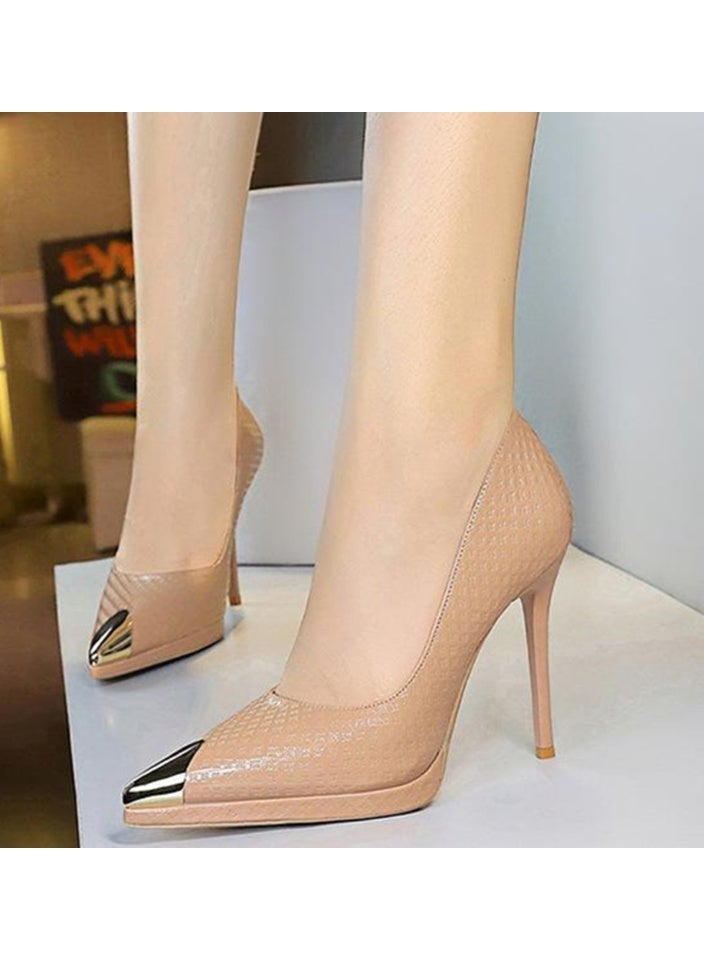 بيج تري المرأة المعدنية مغلقة أشارت إصبع القدم الكعب العالي مضخات الحزب فستان الأحذية لون عاري 11.5CM - Image 4