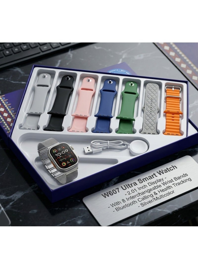Winmax W607 Ultra Smart Watch - 2.01 Inch Display - With 7 Interchangeable Wrist Bands - Bluetooth Calling & Health Tracking - Silver/Multicolor. - Image 2