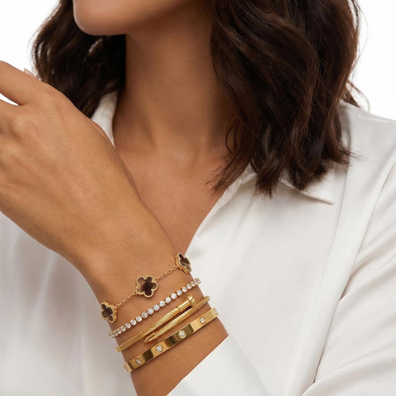 MVCOLEDY 18 K Gold Plated Love Bracelet Stack for Women 4-Piece Bracelet with Synthetic Shell Floral Clover Chain, Tennis Chain and Crystal Gold Bangle, Love Bracelet Design Gift Jewelry for Valentines Mother's Day (Brown) - Image 3