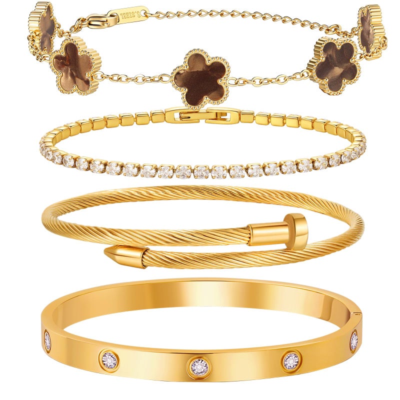 MVCOLEDY 18 K Gold Plated Love Bracelet Stack for Women 4-Piece Bracelet with Synthetic Shell Floral Clover Chain, Tennis Chain and Crystal Gold Bangle, Love Bracelet Design Gift Jewelry for Valentines Mother's Day (Brown) - Image 1
