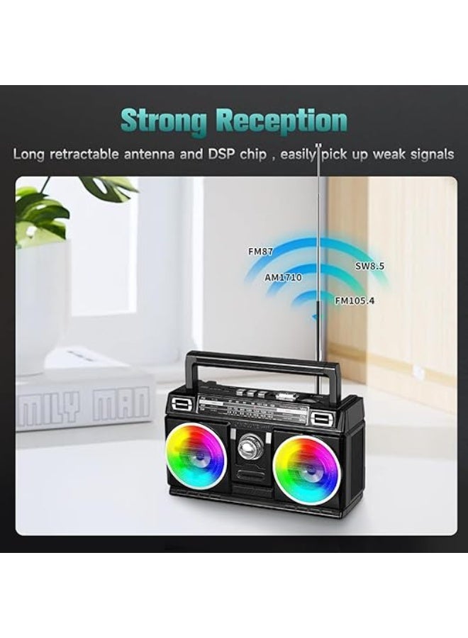 FM Radio Portable with Bluetooth Speaker, USB TF Card Playing, Solar/USB-C Rechargeable Radio, Double Speaker, Colorful Light, Transistor Radios Portable AM FM, Bluetooth Radio - Image 5