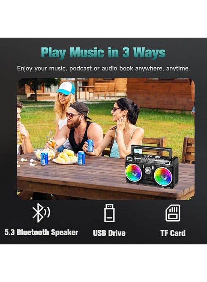 FM Radio Portable with Bluetooth Speaker, USB TF Card Playing, Solar/USB-C Rechargeable Radio, Double Speaker, Colorful Light, Transistor Radios Portable AM FM, Bluetooth Radio - Image 4
