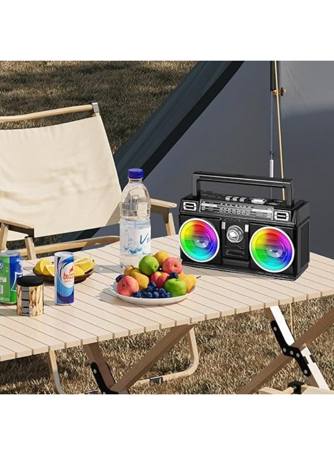 FM Radio Portable with Bluetooth Speaker, USB TF Card Playing, Solar/USB-C Rechargeable Radio, Double Speaker, Colorful Light, Transistor Radios Portable AM FM, Bluetooth Radio - Image 2