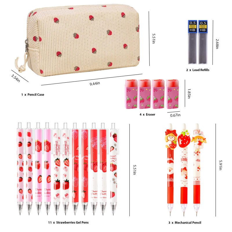 Daphilly Cute Strawberry School Supplies,Kawaii Stationery Birthday Christmas Gifts,Includes Erasers,Strawberry Mechanical Pencils,Lead Refills,Strawberry Pens,Pencil Holder,for Office School Supplies - Image 2