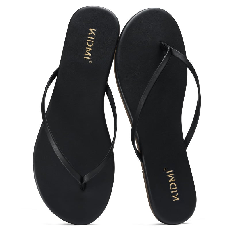 KIDMI Thong Flip Flops for Women - Memory Foam Summer Beach Sandals for Women - Vegan Leather Flat Sandals, Black EU 37 - Image 1