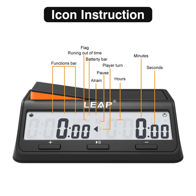 LEAP Chess Clock Digital Chess Timer Advanced for Board Game and Chess Timer with Bonus  Delay Count Down up Alarm BlackOrange - Image 3