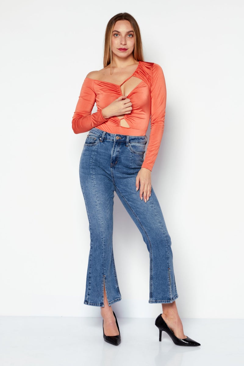 trendyol Women Cut Out Ruched Long Sleeve Bodysuit, Orange - Image 3