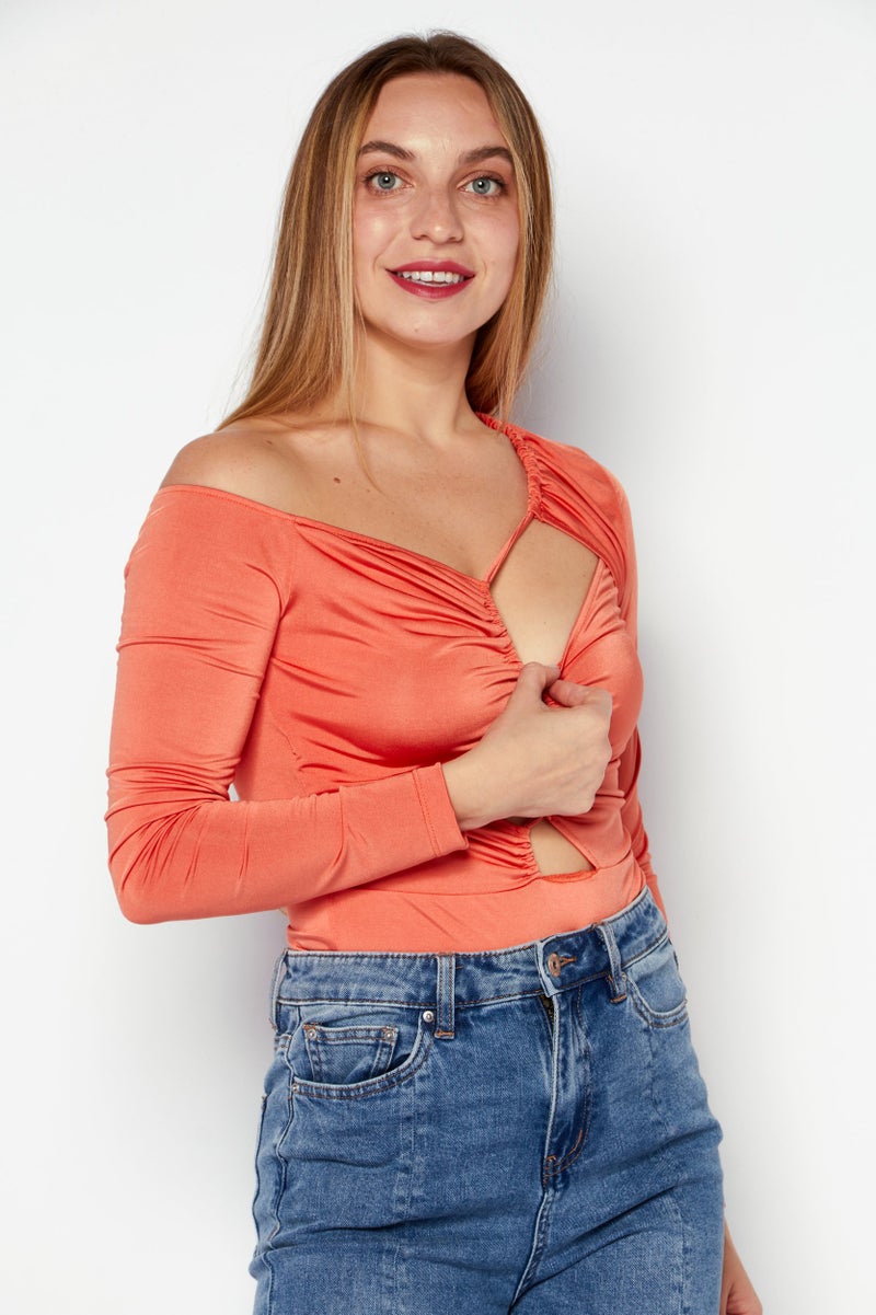 trendyol Women Cut Out Ruched Long Sleeve Bodysuit, Orange - Image 1